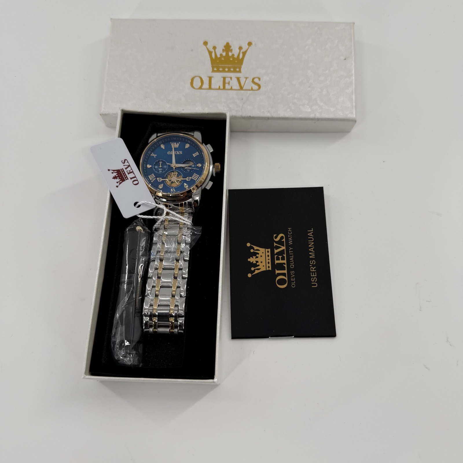 Olevs Mens Luxury Automatic Watch Blue Dial Two Tone Stainless Steel Mechanical